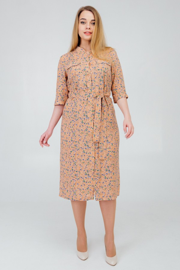 Стильное платье большого весна 2020 размера VN43103 персик  цветы