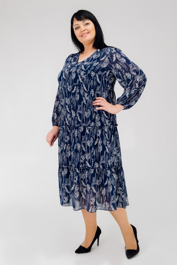 Стильное платье большого весна 2020 размера VN43201 синий  цветы