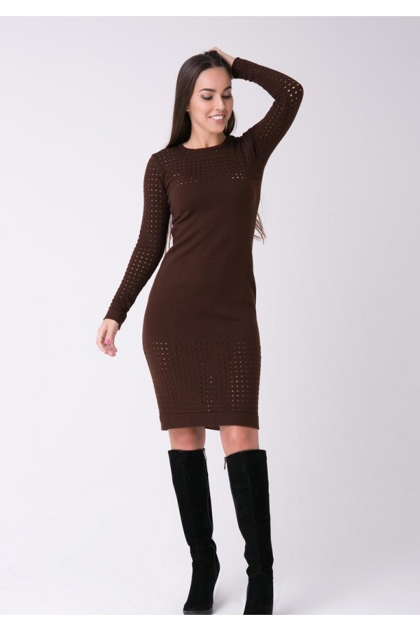 Осеннее вязаное платье  46313  коричневое