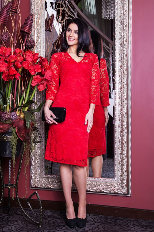 Червоне святкове плаття SL7100 з мереживом