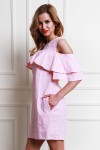 Льняное розовое платье AL58603 в горошек