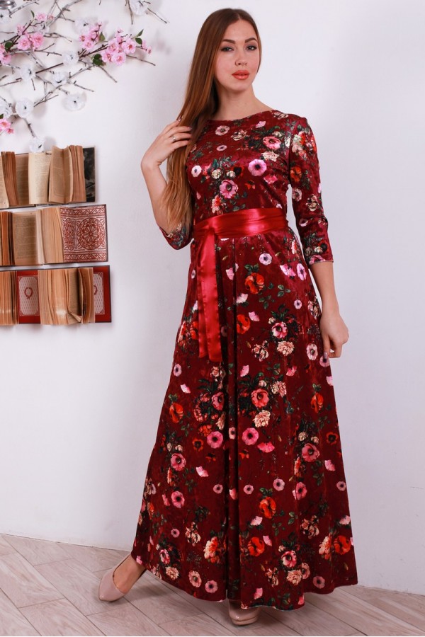 Красивое красное платья YM31004 с цветочным принтом