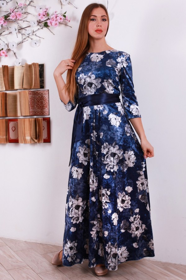 Красиве синє плаття YM31005 з квітковим принтом