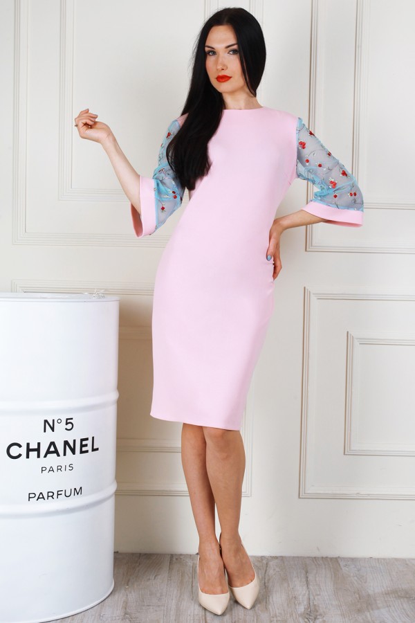 Праздничное розовое платье AL68004 с сеткой и вышивкой