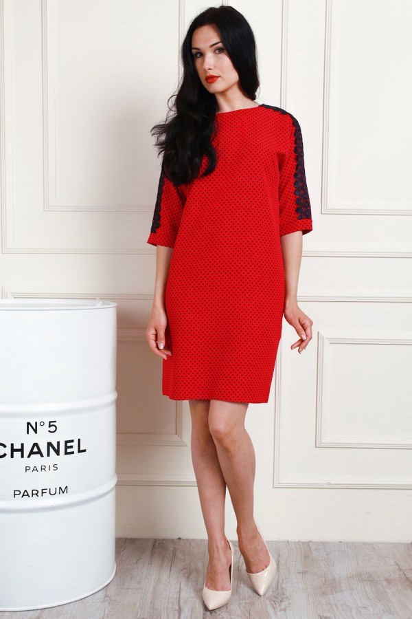 Стильное красное платье AL68702 в горошек