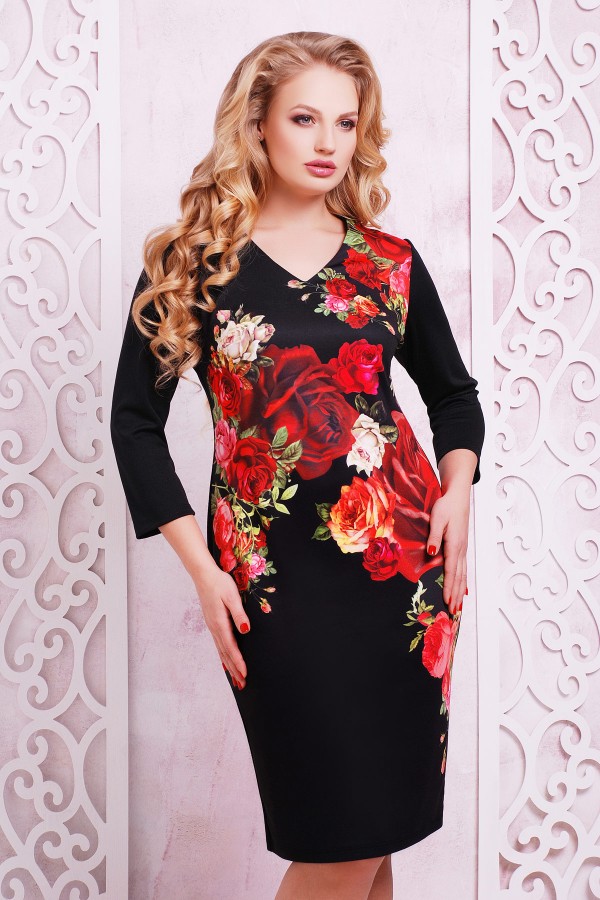 Черное платье большого размера Калоя-2Б д/р GL615201 с розами