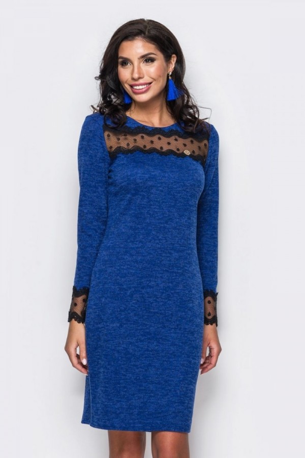 Модное синее платье 20097 с кружевом