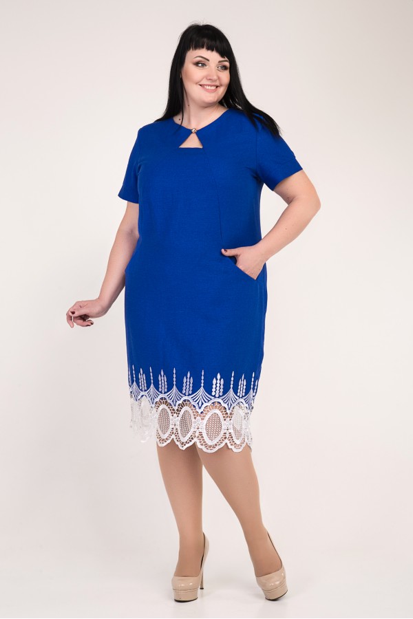 Нарядное синее платье большого размера VN33501 с кружевом