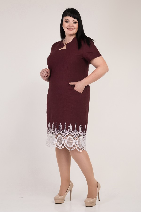 Нарядное бордовое платье большого размера VN33502 с кружевом