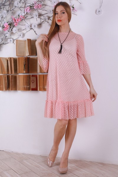 Стильное розовое платье c сеткой YM31807 пудра