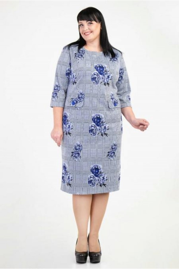 Платье деловое зимнее  VN36201 синие цветы