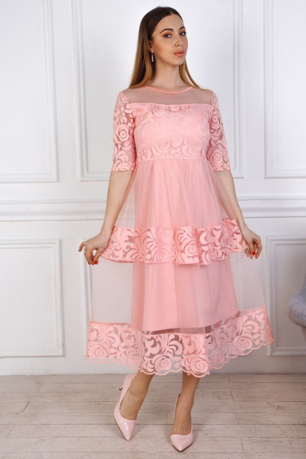 Святкове рожеве плаття з євросіткою YM36001 пудра