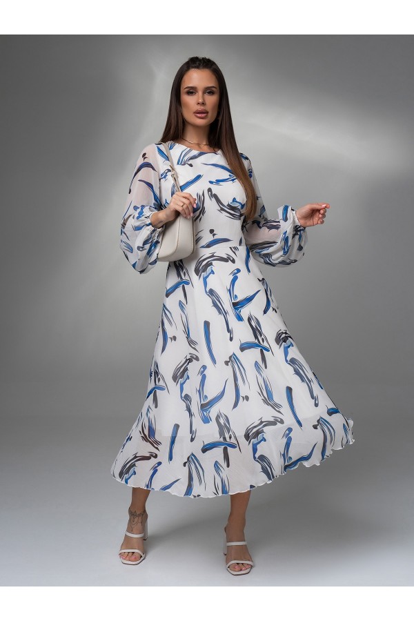 Великолепное нарядное шифоновое платье IS1461701 бело-синее