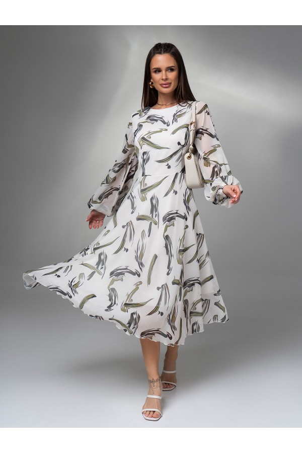 Стильное шифоновое платье IS1461702 бело-оливковое
