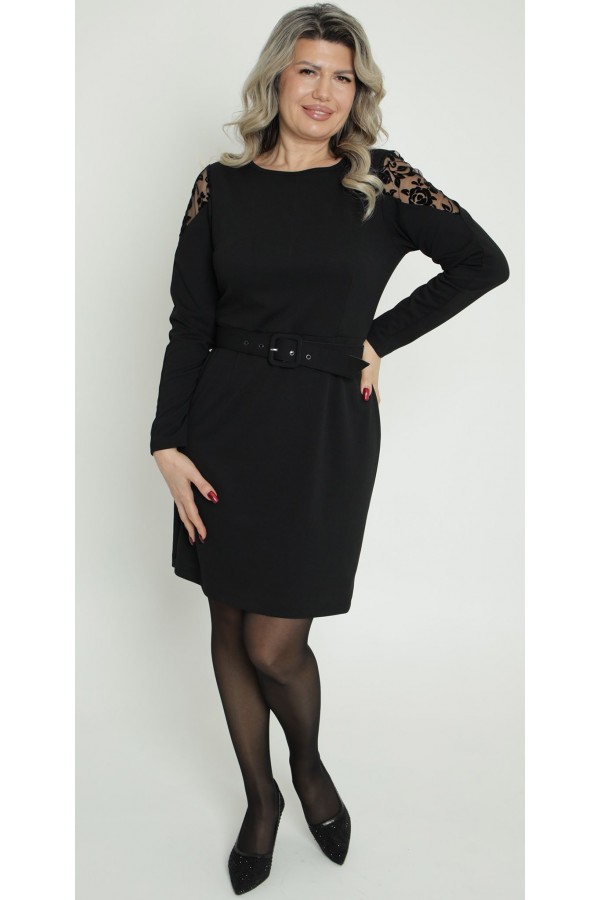 Нарядна сукня з мереживлм та поясом LB273701 чорна